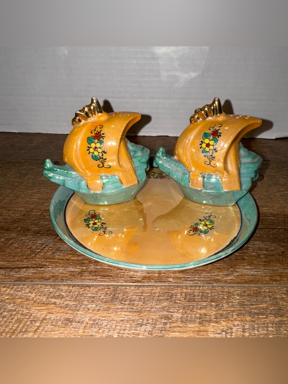 Vintage Ceramic Sailboat Salt & Pepper Shakers w/ Matching Tray Floral Japan
